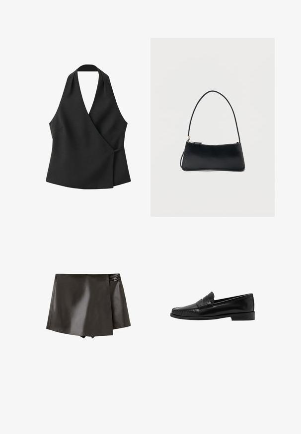 Top negro sin mangas cruzado con escote halter y detalle de lazo lateral sobre fondo blanco.; Falda cruzada negra de cuero sintético con detalle de hebilla lateral y ligero solapamiento en la parte delantera, mostrada sobre un fondo blanco.; Mango Zapatos sin cordones - black; Bolso rectangular negro con una correa fina y cierre de cremallera, sobre un fondo blanco liso.