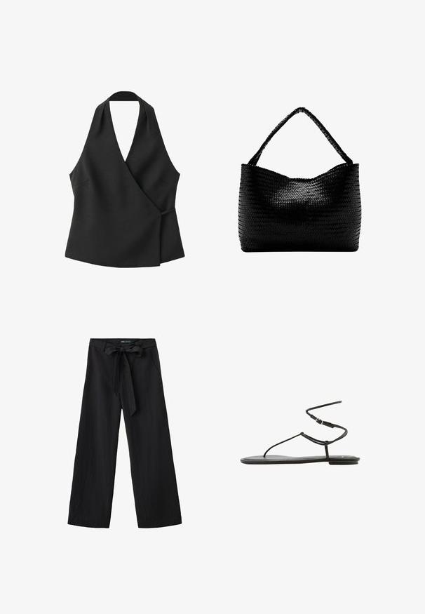 Haut cache-cœur noir sans manches avec encolure halter et détail noué sur le côté sur fond blanc.; Pantalon noir à jambes larges avec une ceinture en tissu nouée en nœud à la taille et des poches latérales, présenté sur fond blanc.; Sandale plate noire avec fines brides et fermeture à boucle autour de la cheville, design minimaliste, vue de côté sur fond blanc.; Sac à main tissé noir avec une anse unique tressée, forme rectangulaire et surface texturée brillante.