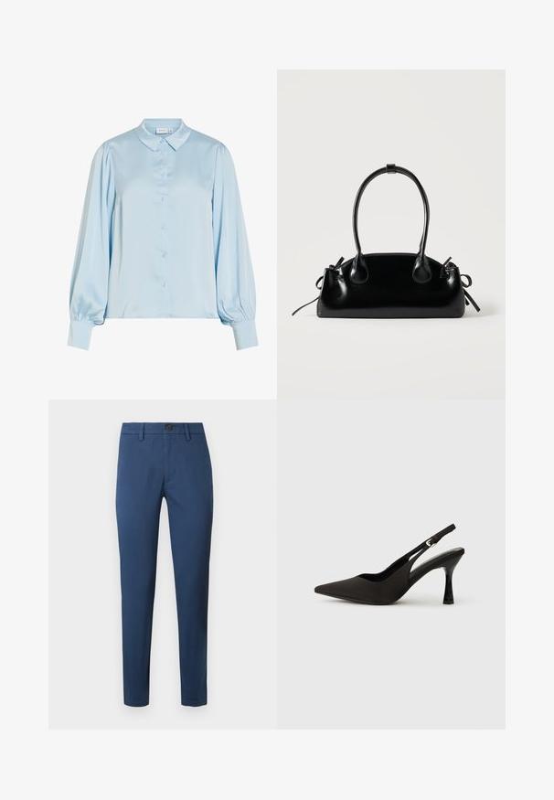 Lichtblauwe satijnen blouse met lange mouwen, knopen aan de voorkant, puntige kraag, opgeblazen mouwen en brede manchetten.; Blauwe katoen chinos met een slim fit, voorzien van een knoopsluiting, riemlussen en standaardzakken, een gladde textuur en strakke lijnen.; Zwarte slingback hakken met een spitse neus, een gladde matte afwerking en een slanke, glanzende hak. Verstelbare band met een klein gespdetail.; Kleine zwarte glanzende handtas met twee lange hengsels en zijkant trekkoord details op een effen lichte achtergrond.