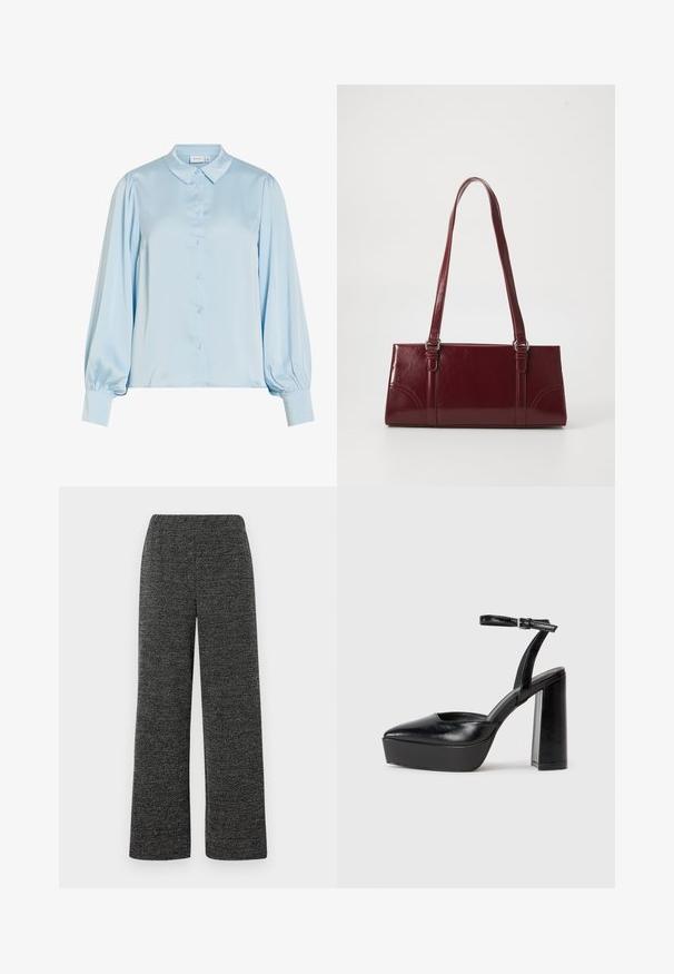 Blouse en satin bleu clair à manches longues, avec boutonnière devant, col pointu, manches bouffantes et larges poignets.; Pantalons à jambes larges en tissu texturé noir et gris, dotés d'une taille élastique pour plus de confort. Pas de poches ni de fermetures visibles.; Escarpins noirs à plateforme avec un bout pointu et une sangle réglable à la cheville. Conçus en cuir lisse, avec un large talon bloc.; Sac à main bordeaux en matériau brillant, de forme rectangulaire, avec deux anses et des accents légèrement courbés à l'avant.