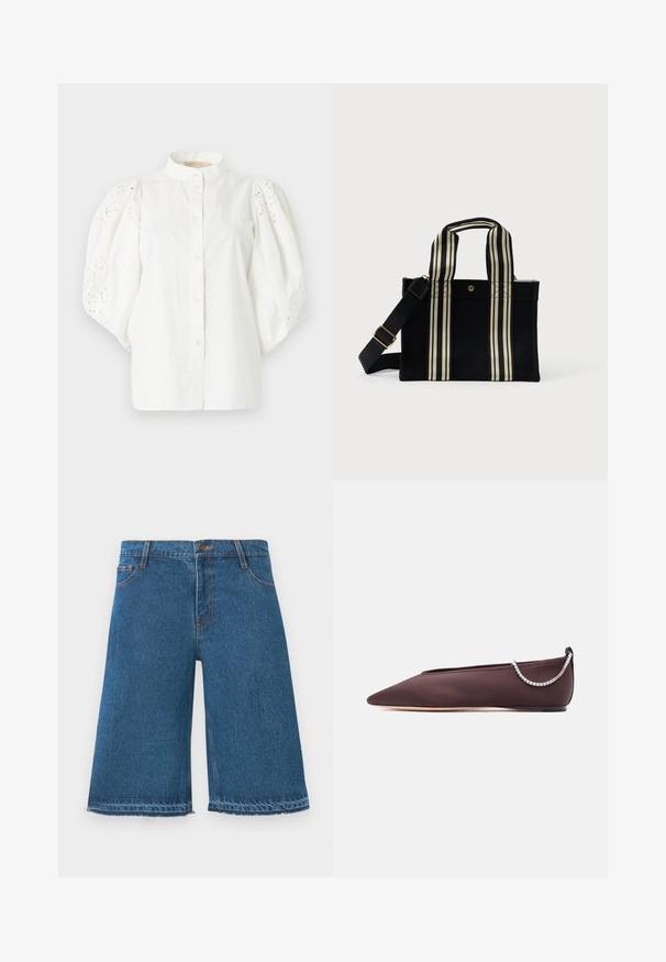 Hvid bluse med puffede ærmer i øjenhuleblonde, stående krave og knaplukning foran.; Blå denim shorts til knæene med frynset kant, frontknap og lommer på en ensfarvet hvid baggrund.; Mørkebrun flad sko med spids tå, lav hæl og en sølvfarvet rhinstenkæde detalje bagpå.; Sort lærredstote taske med lodrette cremefarvede striber, dobbelte håndtag, aftagelig skulderrem og guldfarvet logodetalje på forsiden.