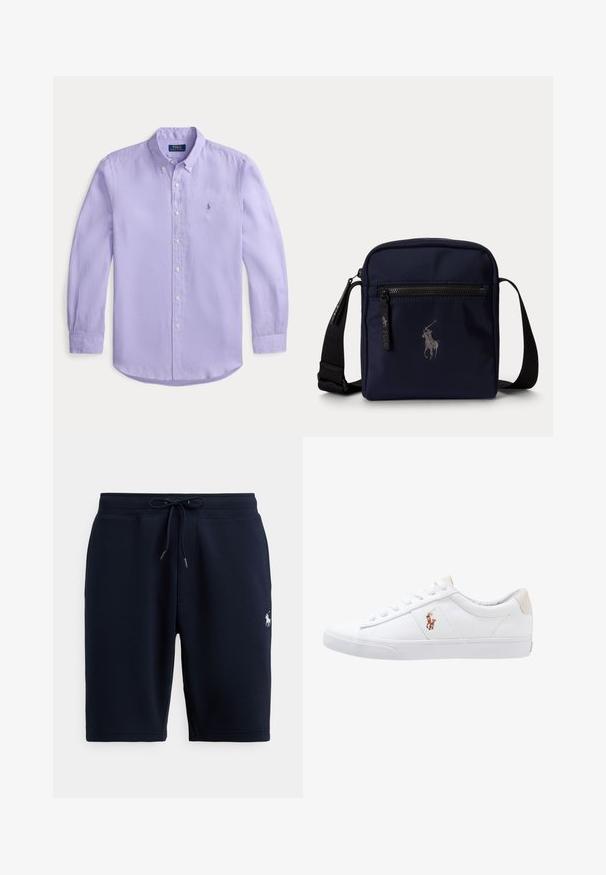 Chemise boutonnière de couleur violet clair avec un col classique, des manches longues et un ourlet arrondi. Présente un petit logo brodé sur la poitrine.; Shorts de sport en coton bleu marine avec taille élastique, cordon de serrage et logo sur le côté gauche. Texture lisse, longueur au genou.; Baskets en toile blanches avec un design basse, présentant un onglet de talon beige et un petit logo brodé sur le côté. Semelle en caoutchouc.; Petit sac bandoulière bleu marine avec bandoulière noire réglable, poche zippée à l'avant et logo brodé d'un joueur de polo au centre.
