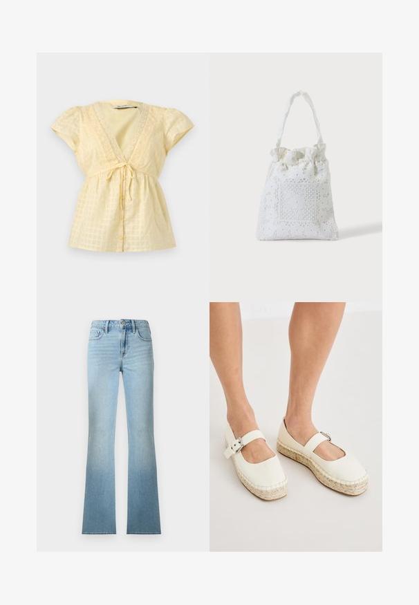 Blouse short jaune pâle à manches courtes avec encolure en V, bordure en dentelle, boutons à l'avant, ceinture à nouer à la taille et motif à carreaux discret.; Jean denim bleu clair taille haute à jambes droites avec poches avant et arrière, fermeture à boutons et passants pour ceinture.; Chaussures style espadrille en cuir blanc avec un bout carré, bride réglable à boucle et semelle en jute tressé. Texture lisse et lignes épurées.; Sac cabas en tissu blanc avec broderie florale en dentelle et anse supérieure froncée, présenté sur un fond clair uni.