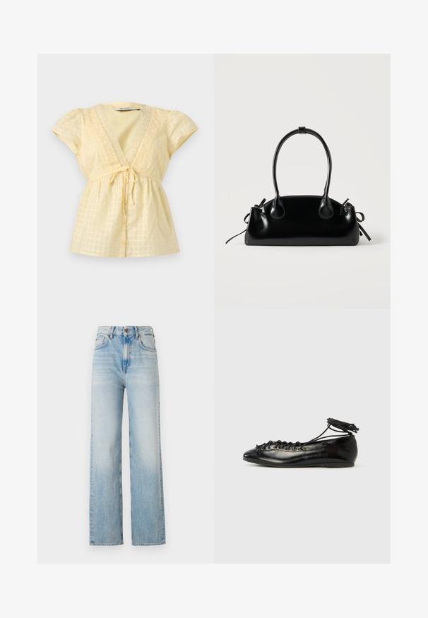 Lichtgele blouse met korte mouwen, V-hals, kanten afwerking, knopen aan de voorkant, strik in de taille en subtiel geruit patroon.; Lichtblauwe wijde jeans van denim, met een hoge taille, subtiele vervaging en een traditionele vijf-pocketontwerp met contrasterende stiksels.; Zwarte ballerina's van lakleer met een afgeronde neus, veterdesign en een platte zool. Glad oppervlak met minimale details.; Kleine zwarte glanzende handtas met twee lange hengsels en zijkant trekkoord details op een effen lichte achtergrond.