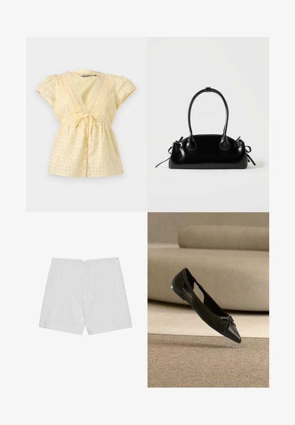 Lysegul kortærmet bluse med V-hals, blondekant, knapper foran, bindebånd i taljen og subtilt ternet mønster.; Hvide shorts med et skræddersyet design, flad front, to sidelommer og en ren kant. Fremstillet af et glat stof uden synlige mønstre.; Sort spids babysko med en lille sløjfedetalje, vist over et beige tæppe og foran en beige sofa.; Lille sort blank håndtaske med to lange håndtag og snøre-detaljer i siden på en ensfarvet lys baggrund.