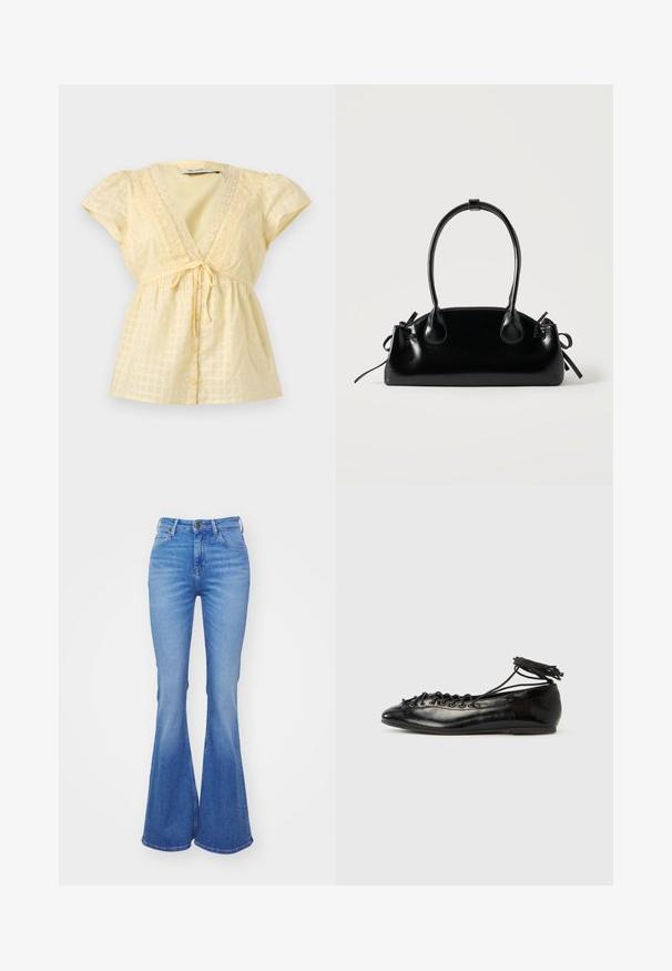 Lichtgele blouse met korte mouwen, V-hals, kanten afwerking, knopen aan de voorkant, strik in de taille en subtiel geruit patroon.; Lichtblauwe flared jeans van denim, met een hoge taille, vijf zakken en een lichte vervaging naar de zoom. Zilveren knoopsluiting.; Zwarte ballerina's van lakleer met een afgeronde neus, veterdesign en een platte zool. Glad oppervlak met minimale details.; Kleine zwarte glanzende handtas met twee lange hengsels en zijkant trekkoord details op een effen lichte achtergrond.