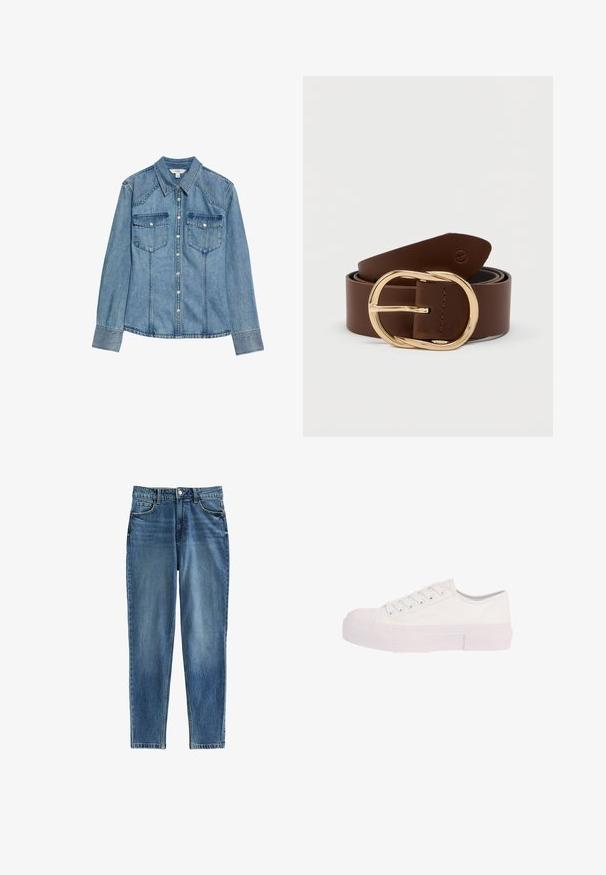 Camisa de mezclilla azul claro con cuello puntiagudo, frontal abotonado, dos bolsillos en el pecho y mangas largas con puños abotonados. Presenta un corte clásico.; Jeans de mezclilla azul con fit recto, que cuentan con una cintura alta, cinco bolsillos y áreas sutilmente desgastadas para texturizar. Cierre con botón de metal.; Zapatilla blanca de corte bajo con cordones en la parte delantera y suela gruesa de goma, mostrada de lado sobre un fondo blanco.; Cinturón de cuero marrón con una gran hebilla ovalada en tono dorado. Textura suave con un borde bien cosido. Longitud ajustable para un mejor ajuste.