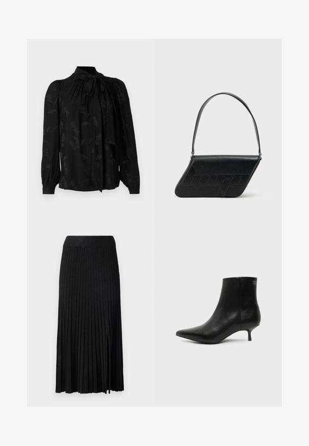 Blouse noire avec un col haut et un détail de cravate. Présente un motif floral subtil et des manches longues bouffantes avec des poignets froncés. Texture lisse.; Jupe midi plissée noire avec ceinture côtelée, présentant un tissu texturé, une fente latérale et des lignes verticales sur l'ensemble du design.; Bottine en cuir noir avec bout pointu et petit talon kitten sur fond clair, vue côté extérieur.; Sac d'épaule en cuir noir de forme triangulaire, avec un logo embossé et une seule bandoulière réglable. Design minimaliste avec une texture lisse.