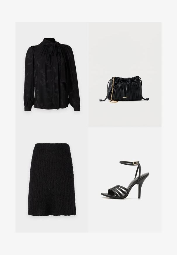 Blusa negra con un alto cuello y detalle de lazo. Presenta un sutil patrón floral y mangas largas abullonadas con puños fruncidos. Textura suave.; Falda de punto negra con un patrón texturizado, de longitud media y cinturilla ancha. El material parece suave con una superficie ligeramente peluda.; Sándalo negro de tacón alto con tiras delgadas, abierto por delante y con un acabado liso. Presenta un tacón esbelto y un diseño de tira texturizada.; Bolso de mano negro de cuero plisado con cordón ajustable, cadena dorada como asa y un pequeño detalle horizontal dorado en la parte frontal.