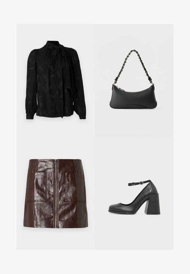Blouse noire avec un col haut et un détail de cravate. Présente un motif floral subtil et des manches longues bouffantes avec des poignets froncés. Texture lisse.; Mini-jupe en simili cuir marron avec une fermeture éclair à l'avant, deux grandes poches avant et une texture lisse et brillante.; Chaussure à talon haut en cuir noir avec un bout arrondi et un talon épais en bloc, avec une bride de cheville réglable et une petite boucle ronde.; Sac à bandoulière en cuir noir de forme rectangulaire incurvée, avec une chaîne dorée tissée dans la bandoulière noire tressée et une fermeture éclair sur le dessus.