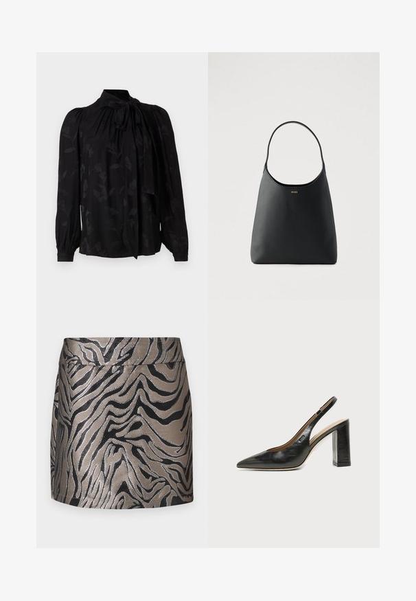 Sort bluse med høj krave og bindedetalje. Har et subtilt blomstermønster og puffede lange ærmer med sammensnørede manchetter. Glat tekstur.; Metallic sølv- og sort zebra-mønstret miniskørt med en glat overflade og en tætsiddende design. Bred talje linning øverst.; Sort læder peep-toe slingback sko med høj blokhæl og beige indvendig foring mod en ensfarvet lys baggrund.; Sort læderhåndtaske med enkelt buet håndtag, glat tekstur og et diskret logo foran. Minimalistisk design og rummeligt indre.