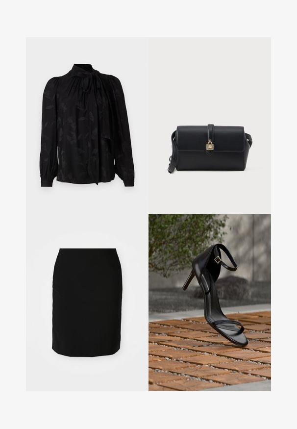 Blouse noire avec un col haut et un détail de cravate. Présente un motif floral subtil et des manches longues bouffantes avec des poignets froncés. Texture lisse.; Jupe crayon noire avec une texture lisse, de forme droite, et un ourlet à hauteur des genoux. Aucun motif ni détail matériel visible.; Sandale noire à talon haut avec sangle à la cheville, suspendue au-dessus d'un sol en carreaux de bois à l'extérieur, avec un arrière-plan flou de verdure et de pierre.; Sac en cuir noir rectangulaire à porter en bandoulière, avec une bandoulière et un détail de verrou en or sur le rabat avant.