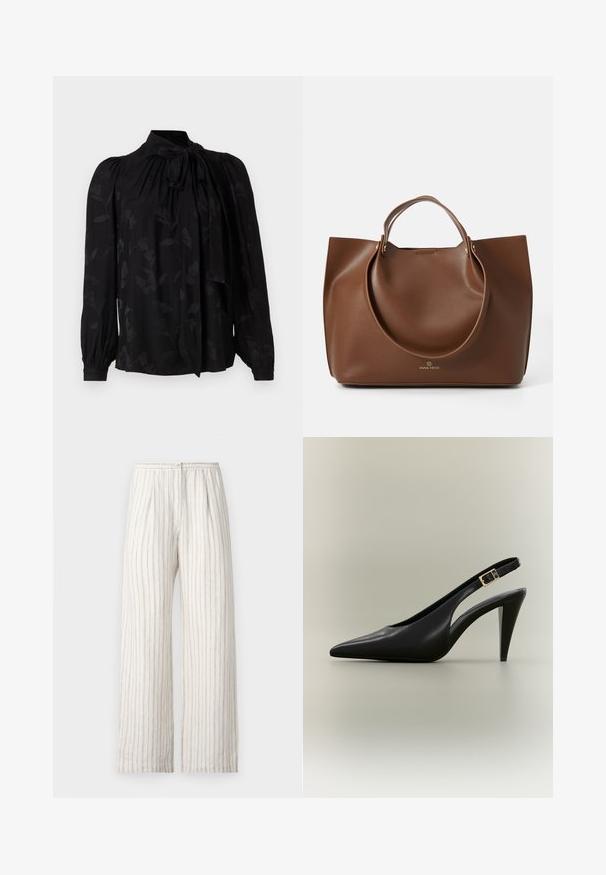 Blouse noire avec un col haut et un détail de cravate. Présente un motif floral subtil et des manches longues bouffantes avec des poignets froncés. Texture lisse.; Samsøe Samsøe SATOVE TROUSERS - Pantalon classique - egret; Escarpin à bride arrière en cuir noir avec bout pointu, boucle dorée et talon effilé sur un fond neutre.; Sac fourre-tout en cuir brun avec une texture lisse, de grandes poignées circulaires, présentant un design minimaliste et un logo embossé à la base.