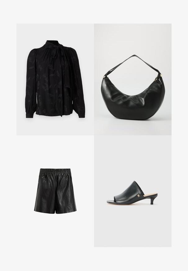 Blouse noire avec un col haut et un détail de cravate. Présente un motif floral subtil et des manches longues bouffantes avec des poignets froncés. Texture lisse.; Shorts en cuir noir avec une taille élastique, présentant une texture lisse, des jambes larges et sans poches ni embellissements visibles.; Mules ouverts en cuir noir avec un talon bas. Présentent une surface lisse et un accent logo doré sur le côté.; Sac à épaule en cuir noir, de forme courbée, avec une texture douce et une seule sangle; il comporte une fermeture éclair dorée et un logo discret.