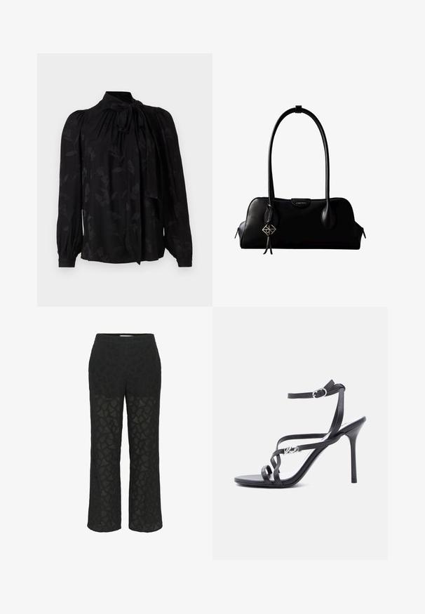 Blouse noire avec un col haut et un détail de cravate. Présente un motif floral subtil et des manches longues bouffantes avec des poignets froncés. Texture lisse.; Pantalons en dentelle noire avec un motif, des jambes larges, et une taille douce, avec des sections transparentes pour ajouter de la texture.; Sandale à talon noir avec fines lanières, boucle à la cheville et détail logo en métal sur la lanière latérale, sur fond blanc.; Sac à main en cuir noir Calvin Klein avec de longues anses, une étiquette logo à l'avant et un charme géométrique argenté suspendu à une anse.