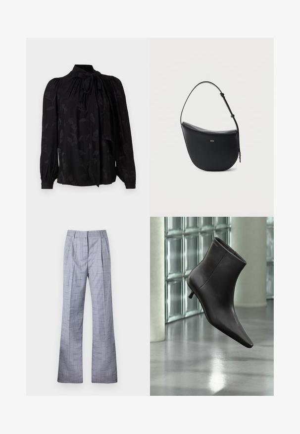 Blouse noire avec un col haut et un détail de cravate. Présente un motif floral subtil et des manches longues bouffantes avec des poignets froncés. Texture lisse.; Pantalons à carreaux gris avec une coupe ample, comportant des plis et une texture subtile. Fabriqués en tissu léger avec une coupe ajustée.; Bottine en cuir noir avec bout pointu et petit talon, présentée devant un mur en blocs de verre et un sol poli.; Sac à bandoulière en cuir noir en forme de demi-lune avec une bandoulière réglable et le logo doré « BOSS » centré sur le devant.
