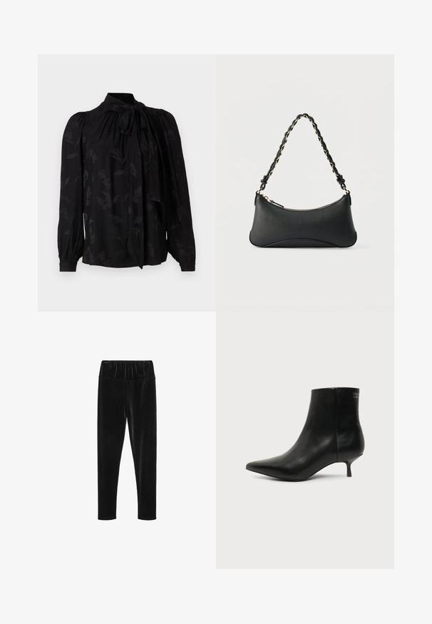Sort bluse med høj krave og bindedetalje. Har et subtilt blomstermønster og puffede lange ærmer med sammensnørede manchetter. Glat tekstur.; Sorte velour leggings med elastisk talje og en glat, skinnende tekstur. Slim fit med tapered ben-design.; Sort læder ankelstøvle med spids tå og lav kitten hæl på lys baggrund, der viser yderside.; Sort skuldertaske i læder med en buet rektangulær form, gyldent kæde vævet ind i en flettet sort rem og toplynlås.