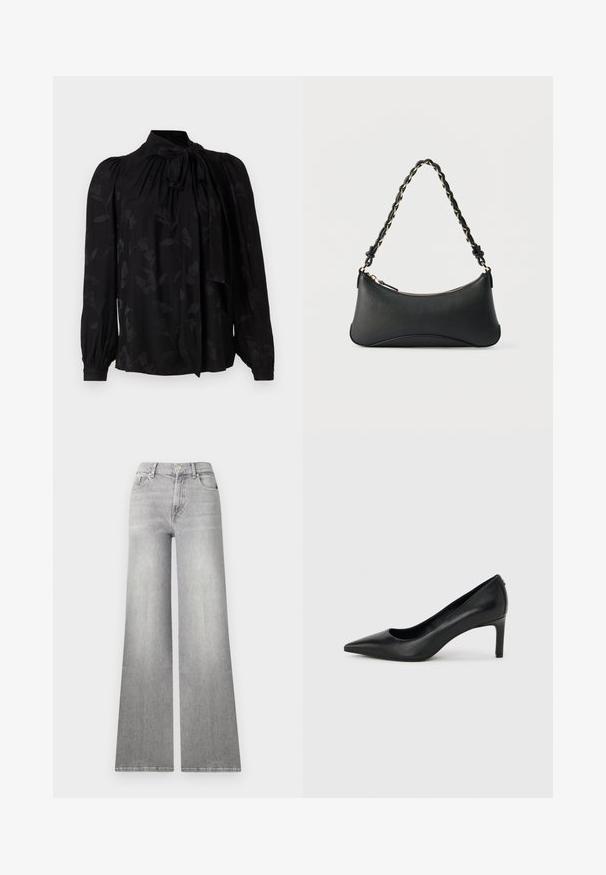Schwarze Bluse mit hohem Kragen und Bindedetail. Beinhaltet ein dezentes Blumenmuster und gepuffte lange Ärmel mit gerafften Manschetten. Glatte Textur.; Weite graue Denim-Jeans mit einem verwaschenen Finish, Vordertasche und Knopfverschluss. Sie verfügen über ein gerades Bein und einen klassischen Saum.; Schwarzer, spitz zulaufender High-Heel-Pumps aus Leder mit einem schlanken, mittelhohen Absatz auf einem schlichten hellgrauen Hintergrund.; Schwarze Lederschultertasche mit gewölbter rechteckiger Form, goldener Kette, die in den geflochtenen schwarzen Riemen eingewebt ist, und Reißverschlussverschluss oben.