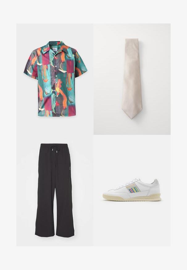 Kurzärmeliges Hemd mit Knopfleiste und einem bunten abstrakten Muster in Türkis-, Rot-, Orange-, Gelb- und Weißtönen auf weißem Hintergrund.; Schwarze weite Sweatpants mit elastischem Bund und Kordelzug. Mit weißen Seitenstreifen und zwei Seitentaschen. Glatte Textur.; Weißes Ledersneaker mit einer cremefarbenen Sohle, mehrfarbigen Streifenakzenten an der Seite und "PS Paul Smith"-Branding in Gold.; Beige Seidenkrawatte mit einem strukturierten geometrischen Muster, schmalem Design, das zu einer spitzen Spitze verjüngt, und einer glatten Oberfläche.