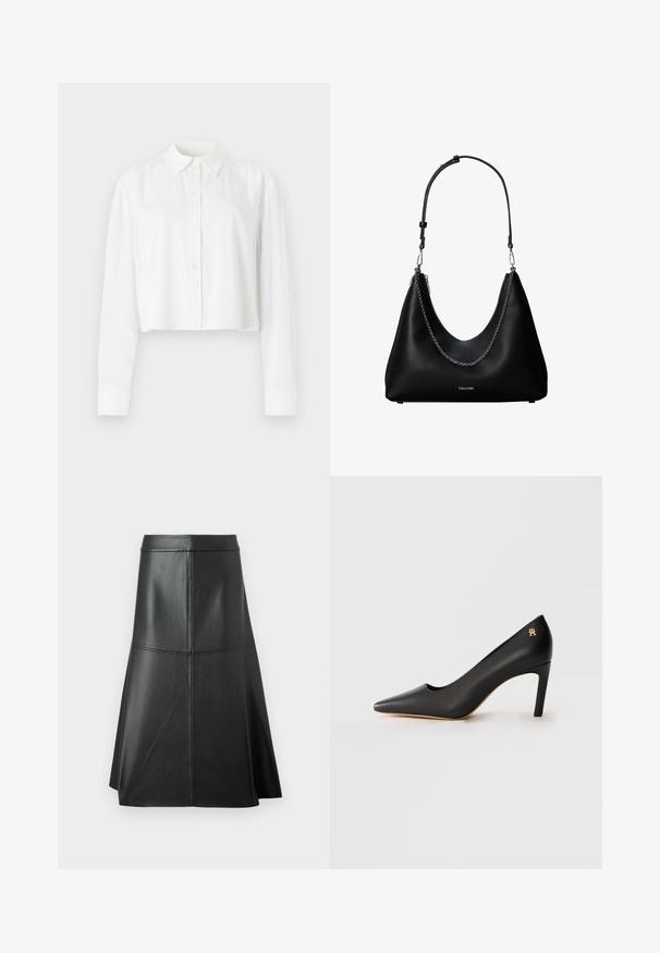 Camisa blanca de manga larga recortada, hecha de una tela suave, con un cuello clásico y botón en la parte delantera. Diseño simple sin patrones.; Falda de cuero negro en forma de A, con textura suave, longitud a mitad de la pantorrilla, presenta detalles de costura horizontal en la cintura y las costuras para mayor estructura.; Zapato de tacón alto negro de piel con punta afilada y tacón stiletto de altura media, y pequeño emblema dorado cerca del tacón, sobre fondo blanco.; Bolso de mano de cuero negro con detalle de cadena plateada y correa de hombro ajustable, con el logo de Calvin Klein en la parte frontal.