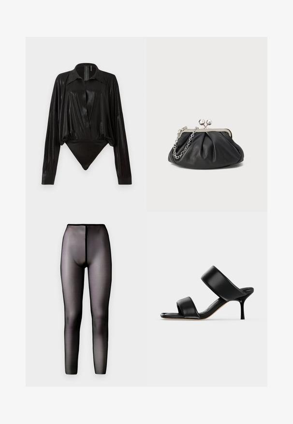 Body noir avec manches longues, décolleté en V et une silhouette ajustée. Fabriqué en tissu lisse et brillant avec un col structuré et des poignets.; Leggings noirs transparents avec une taille haute et une texture lisse. Présente un design sans couture et une silhouette ajustée.; Sandale mule en cuir noir avec deux larges brides et un talon stiletto fin de hauteur moyenne sur un fond clair uni.; Porte-monnaie en cuir noir avec texture froncée, cadre en métal argenté, fermeture à verrouillage kiss-lock et bandoulière en chaîne. Surface lisse et douce.
