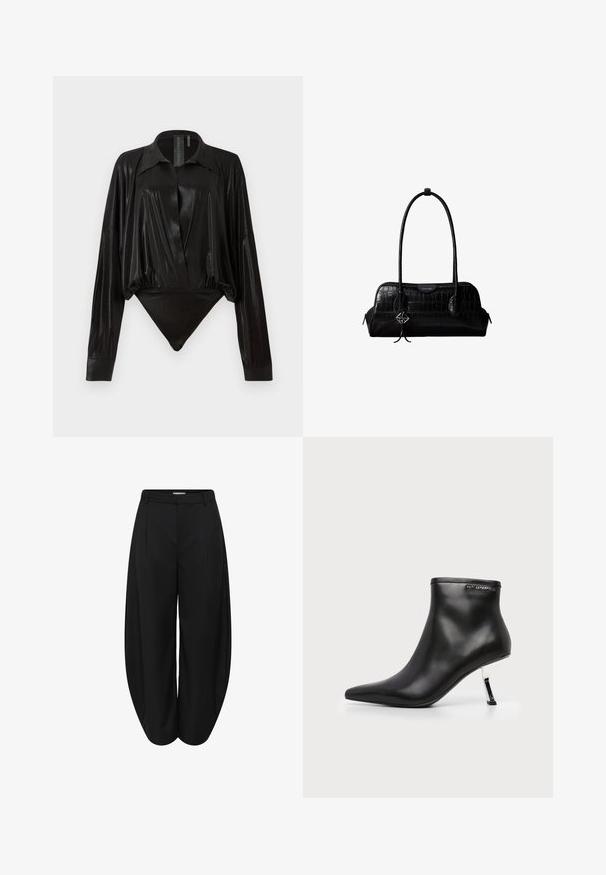 Body noir avec manches longues, décolleté en V et une silhouette ajustée. Fabriqué en tissu lisse et brillant avec un col structuré et des poignets.; Pantalons courts larges noirs à taille haute avec plis sur le devant, dotés de passants pour ceinture et d'une fermeture invisible à l'avant.; Bottine en cuir noir avec un bout pointu et un talon aiguille argenté brillant sur fond blanc.; Sac à épaule en cuir noir à texture crocodile, avec de longues sangles et un petit charm logo argenté sur une sangle.