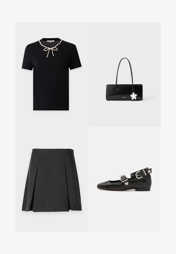 Camiseta negra de manga corta con escote redondo que presenta un diseño decorativo de collar de perlas anudado en un lazo en la parte delantera.; Falda negra con pliegues, de textura suave, forma entallada y cintura recta. Diseñada sin cierre para lograr un siluete limpio.; Zapato plano de charol negro con punta cuadrada, correa de tobillo con herrajes de plata y suela plana. Textura suave con diseño minimalista.; Bolso de mano de charol negro con forma rectangular, asas delgadas y un charm decorativo con forma de flor. Presenta el logo en la parte frontal.