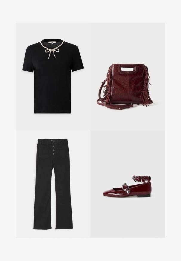 Sort T-shirt med korte ærmer og rund halsudskæring med et dekorativt perlehalskæde-design bundet i en sløjfe foran.; Sorte denim flare jeans med høj talje, fem-pockets design og lukning fortil med fire metalknapper.; Bordeaux patentlæder flade sko med spids tå, en ankelrem med en sølvspænde og en lav hæl. Glat tekstur overalt.; Firkantet burgunderfarvet læderhåndtaske med udskåret håndtag, sideskvaster og justerbar skulderrem på ensfarvet baggrund.