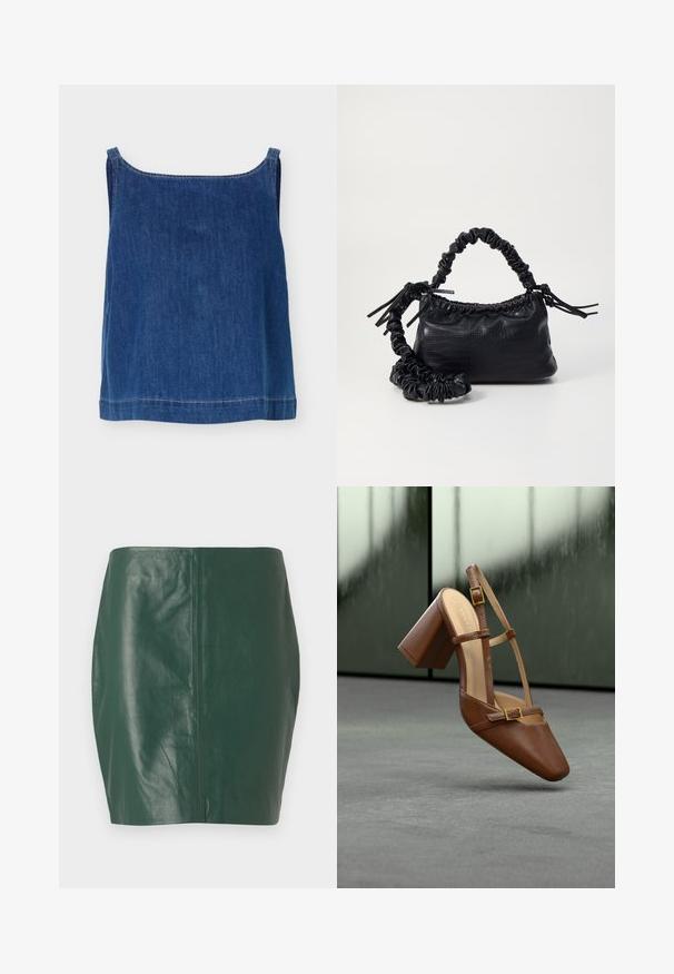 Top sin mangas de mezclilla azul con tirantes anchos, escote recto y costuras blancas visibles a lo largo de los bordes.; Minifalda de cuero verde con una textura suave y forma ajustada. Presenta un diseño sin costuras y sin cierres o herrajes visibles.; Zapato de tacón de cuero marrón con punta puntiaguda, correa ajustable en el tobillo y detalle de hebilla cuadrada dorada. Textura lisa y tacón grueso.; Bolso de mano de imitación cuero negro con textura de cocodrilo, parte superior fruncida y correa arrugada. Presenta un diseño suave y compacto.