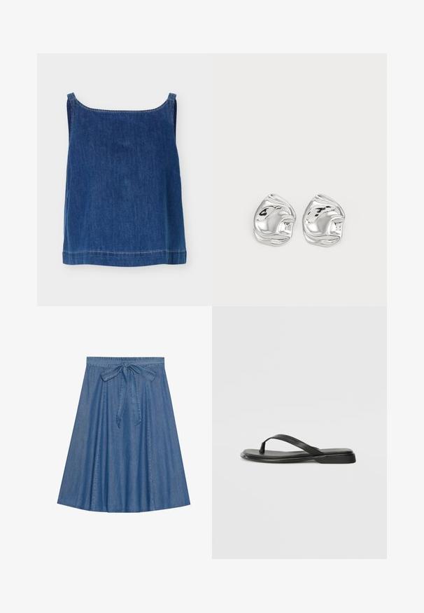 Top sin mangas de mezclilla azul con tirantes anchos, escote recto y costuras blancas visibles a lo largo de los bordes.; Falda de mezclilla en un tono azul medio. Presenta una cintura fruncida con un detalle de lazo. Corte en A con una textura suave y un diseño de longitud hasta la rodilla.; Chancla negra de piel suave, con un diseño de tira delgada y una suela plana de perfil mínimo. Sin patrones ni acentos notables.; Pendientes de studs en forma abstracta de plata con un acabado pulido, que presentan curvas suaves y contornos sutiles. Sin patrones o acentos visibles.