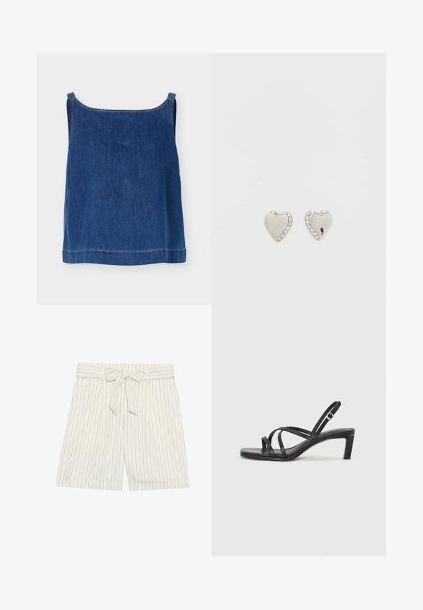 Top sin mangas de mezclilla azul con tirantes anchos, escote recto y costuras blancas visibles a lo largo de los bordes.; Pantalones cortos a rayas blancas con cintura con cinturón. La tela presenta líneas oscuras estrechas, y el diseño incluye pliegues para mayor detalle.; Sandalia negra de tiras con punta cuadrada y tacón bajo de bloque. Presenta múltiples tiras delgadas y una correa ajustable en el tobillo. Fabricada en cuero suave.; Pendientes en forma de corazón plateados con detalles de pedrería a lo largo del borde. Acabado pulido con el texto grabado "GUESS" en la superficie.