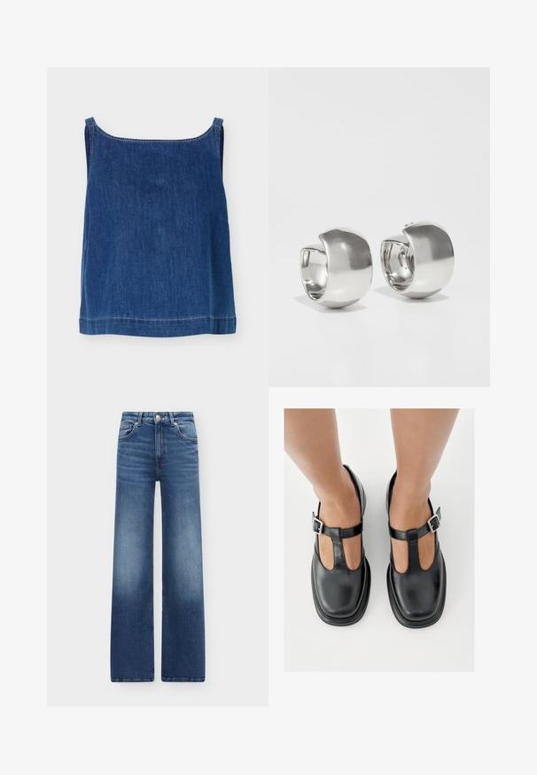 Haut sans manches en denim bleu avec larges bretelles, encolure droite et coutures blanches visibles le long des bords.; Jean bleu taille haute à jambes larges avec poches avant, passants pour ceinture, fermeture à bouton et détails délavés sur les cuisses et les genoux.; Chaussures en cuir noir avec un design à bride en T, bout fermé et accents de boucles argentées. Texture lisse avec un bout arrondi et une semelle plate.; Uncommon Matters SCULPTURAL LARGE CREOLE - Boucles d'oreilles - silver-coloured