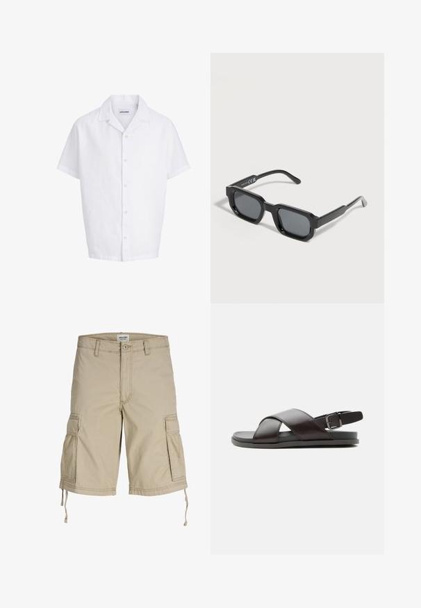 Chemise blanche à manches courtes, boutonnée, avec col camp, ourlet droit et étiquette visible à l'intérieur du col portant la mention JACK & JONES.; Shorts cargo beige avec multiples poches, fermeture par bouton et fermeture éclair, passants pour ceinture, et cordons de serrage à l'ourlet.; Sandale en cuir marron foncé homme avec brides croisées et bride de talon réglable avec boucle sur semelle plate, vue de profil.; Lunettes de soleil rectangulaires noires avec des montures épaisses et des verres teintés foncés, inclinées sur un fond blanc.