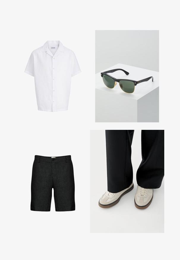 Kurzärmliges weißes Hemd mit Knopfleiste, Camp-Kragen, geradem Saum und sichtbarem Etikett im Kragen mit der Aufschrift JACK & JONES.; Schwarze Leinen-Shorts mit flachem Vorderteil, Gürtelschlaufen und einem einzelnen Knopfverschluss. Sie verfügen über einen strukturierten Stoff und leicht tapered Beine.; Füße mit beigen Sneakers mit braunen Sohlen und schwarzen Hosen mit weitem Bein auf weißem Hintergrund.; Ray-Ban Sonnenbrillen mit grünen Gläsern, schwarzen Kunststoffrahmen und goldenen Akzenten an den Rändern. Quadratische Form mit matter Oberfläche.