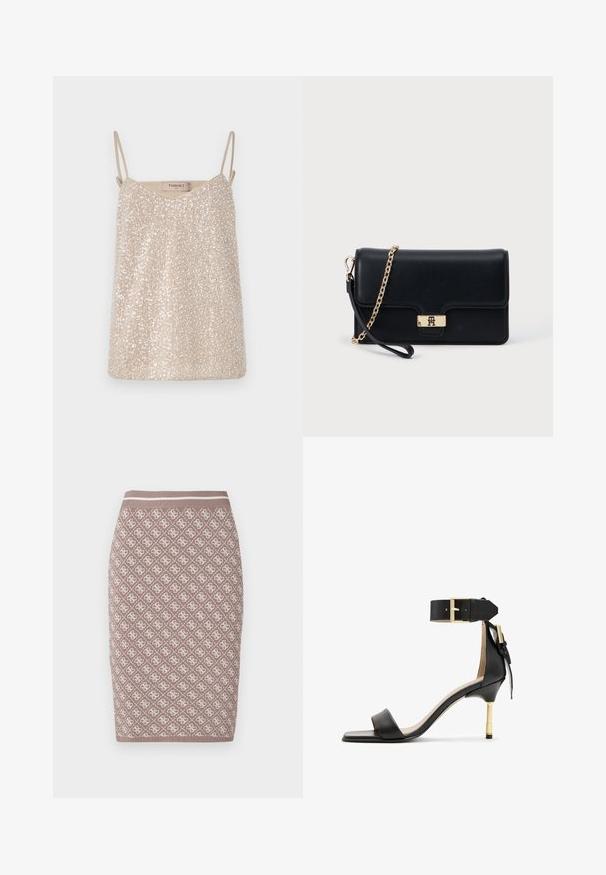 Beige sequin top met dunne bandjes, met een v-halslijn en een zachte, gladde textuur. Het label zegt "TWINSET."; Brede gebreide kokerrok in lichtbruin met een patroonontwerp in crème, voorzien van een geribbelde tailleband met een contrasterende lijn. Glad textuur.; Zwarte leren sandalen met hak en vierkante neus, enkelband met een gouden gesp en een slanke metalen hak. Soepele textuur, minimalistisch ontwerp.; Zwarte leren clutchhandtas met een goudkleurige sluiting en een kettingband. Compact ontwerp met een gladde textuur en minimale details.