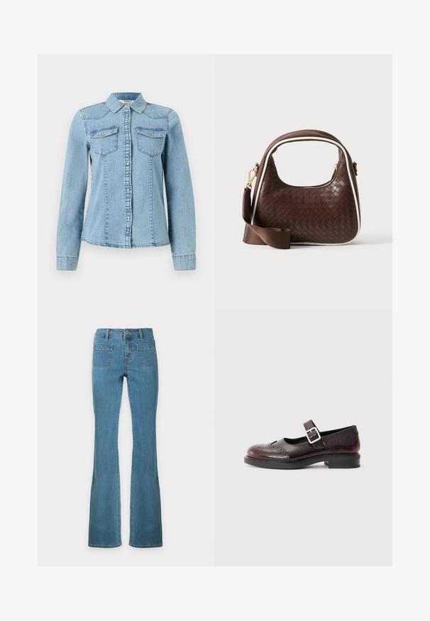 Hellblaues Denimhemd mit langen Ärmeln, Druckknopfleiste, zwei Klappentaschen auf der Brust und spitzem Kragen.; Blaue ausgestellte Jeans aus Denim mit aufgesetzten Vordertaschen, Gürtelschlaufen, Knopf- und Reißverschluss, flach auf weißem Hintergrund ausgebreitet.; Mary-Jane-Schuhe aus dunkelburgunderfarbenem Lackleder, mit gestanzten Details und einem geschnallten Riemen. Niedriger Blockabsatz, runde Zehenform.; Braune gewebte Lederhandtasche mit weißer Paspel, goldenem Reißverschluss und abnehmbarem braunem Stoff-Schulterriemen.