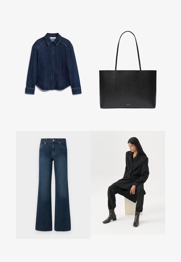 Donker denim overhemd met knopen, voorzien van een klassieke kraag, lange mouwen en decoratieve stiksels, met zijzakken en een iets gebogen onderkant.; Wijde denim jeans in een donkerblauwe wassing, met een knoopsluiting, vijf zakken en een lichte vervaging in de textuur voor extra detail.; Vrouw met lang donker haar zittend, draag een losse zwarte blazer, bijpassende wijde broek en donkere enkellaarsjes tegen een effen witte achtergrond.; Zwarte rechthoekige leren shopper met twee lange handvatten en een klein wit Calvin Klein-logo gecentreerd vlakbij de onderkant.