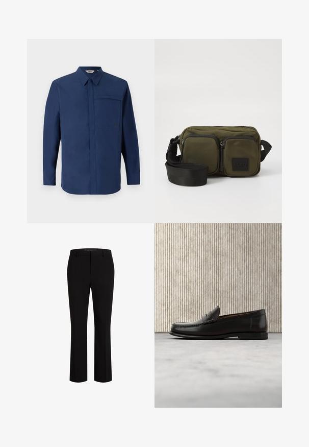 Chemise à manches longues bleu marine avec un col boutonné, une poche poitrine simple et une texture propre et lisse. Comprend un petit logo sur la poche.; Pantalons noirs cintrés en tissu lisse, présentant une coupe droite, des passants de ceinture et des poches avant pour une fonctionnalité accrue.; Mocassin penny en cuir noir avec talon bas, bout arrondi et détails cousus à l'avant et sur les côtés, présenté sur un fond neutre.; Sac en tissu vert olive en bandoulière avec deux poches zippées à l'avant, une bandoulière noire réglable et un patch logo noir. Forme rectangulaire avec une surface texturée.
