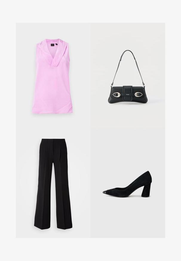 Haut sans manches rose clair pour femme avec un col en V profond et un tissu lisse, étiqueté "BOSS" à l'intérieur du col.; Pantalons noirs en tissu lisse, avec une taille haute, une coupe évasée et deux plis sur le devant pour un détail de conception supplémentaire.; Pompe à talon haut en daim noir avec un bout pointu, ornée d'un bout en vernis noir et d'un talon épais et effilé.; Sac bandoulière en cuir noir avec deux boucles en argent et une bandoulière ajustable, arborant le logo "HUGO" au centre devant.