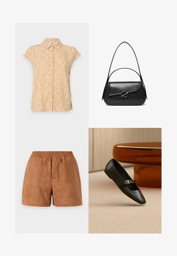 Chemise à manches courtes en tissu beige clair avec un motif en relief de coquillages, dotée d'un col pointu et d'une fermeture à boutons sur le devant.; Shorts en daim brun avec une taille élastique, présentant une coupe décontractée et une texture lisse. Design simple, adapté à une tenue décontractée.; Chaussure plate en cuir noir avec bout pointu et logo CK doré sur la bride, posée sur un tapis beige près d'une table ronde couleur ambre brun.; Sac à bandoulière en cuir noir avec un rabat incurvé fermé par un fermoir métallique rond et une sangle fine et ajustable.