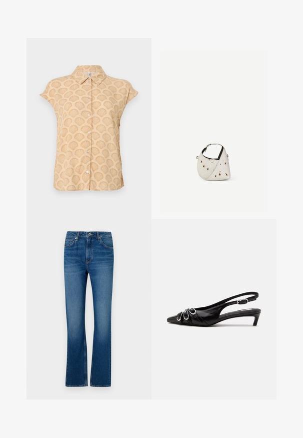 Chemise à manches courtes en tissu beige clair avec un motif en relief de coquillages, dotée d'un col pointu et d'une fermeture à boutons sur le devant.; Jeans en denim bleu évasés avec un design à cinq poches, braguette zippée et texture délavée. Comprend des accents de couture et une taille standard.; Chaussure slingback en cuir noir avec bout pointu, trois boucles argentées à l'avant et petit talon kitten sur fond blanc.; Petit sac à main blanc avec des taches marron, forme triangulaire arrondie, doublure intérieure noire et bandoulière courte réglable avec boucle argentée.