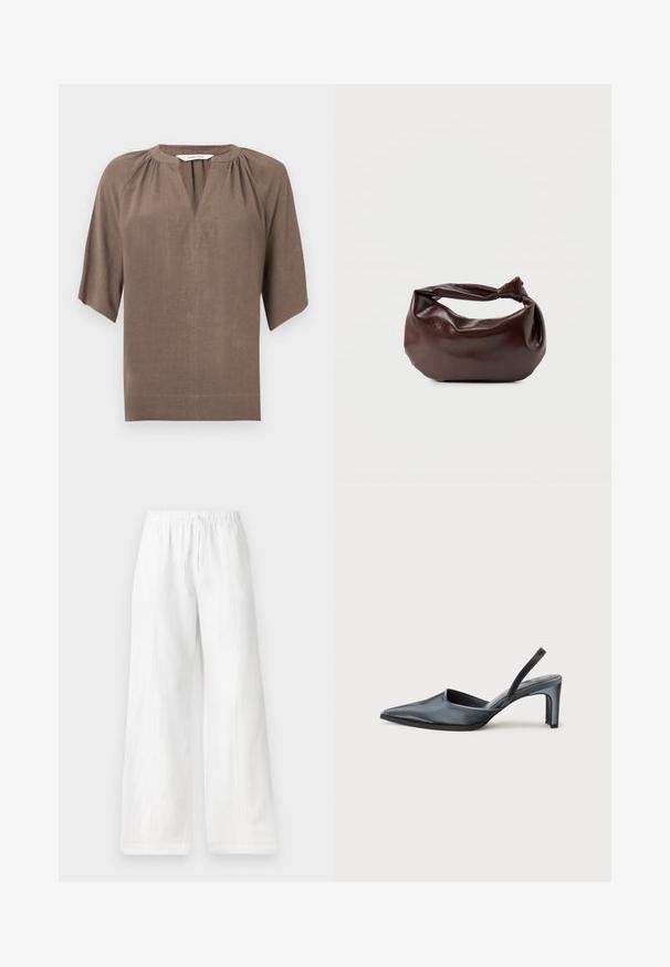 Blouse marron à manches courtes avec encolure en V, détails plissés sur les épaules et coupe décontractée. Fabriquée dans un tissu lisse et léger.; Pantalons larges en lin blanc avec une taille élastique et un cordon de serrage, présentant des coutures latérales et une texture lisse. Sans poches.; Escarpin noir à bride arrière avec un bout pointu, une finition satinée élégante et un talon fin de 7,5 cm. Design latéral ouvert avec des détails de couture minimalistes.; Sac bandoulière en cuir marron foncé avec une forme souple et décontractée et une anse nouée torsadée sur un fond blanc uni.