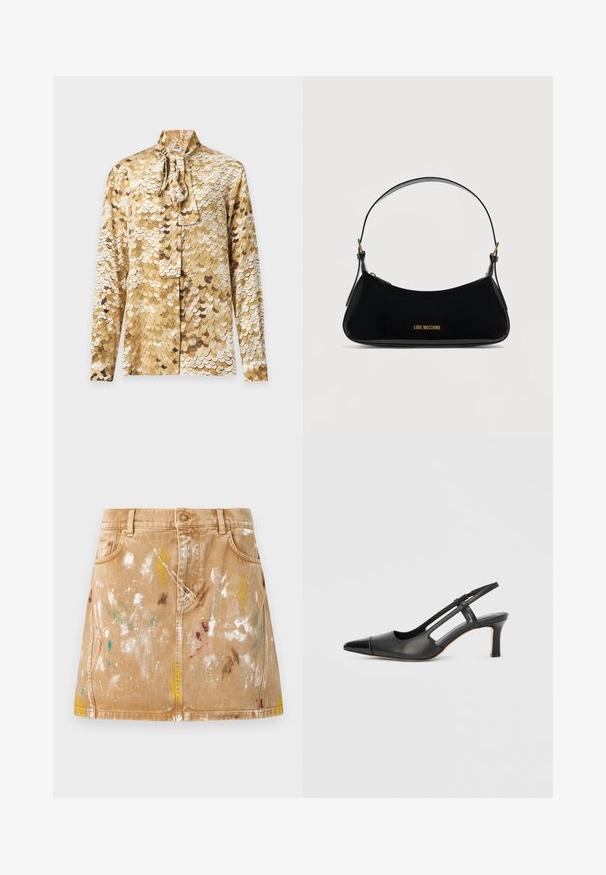 Blouse à manches longues avec motif coquille doré et beige et col à nœud sur fond uni.; Jupe en jean beige avec poches avant et éclaboussures de peinture blanche, jaune, verte, bleue et brune, créant un look artistique décontracté.; Chaussure à bride arrière en cuir noir avec bout pointu, dotée d'un accent brillant sur le bout et d'un talon de hauteur moyenne. Design latéral ouvert.; Sac à bandoulière en cuir verni noir de forme incurvée, logo doré "LOVE MOSCHINO" sur le devant, et bandoulière ajustable avec ferrures dorées.