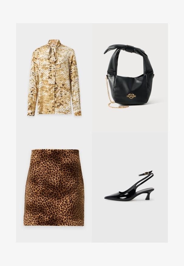 Blouse à manches longues avec motif coquille doré et beige et col à nœud sur fond uni.; Mini-jupe imprimé léopard avec une texture douce, motif marron et noir sur fond beige, silhouette ajustée et bords nets.; Escarpins à brides arrière en cuir verni noir, à bout pointu, avec un petit talon carré et une sangle de cheville ajustable dotée d'une boucle dorée.; Sac à main Love Moschino en cuir noir souple avec poignée nouée et bandoulière chaîne dorée sur fond blanc.