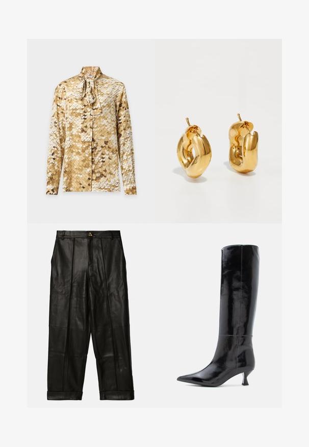 Blouse à manches longues avec motif coquille doré et beige et col à nœud sur fond uni.; AERON ZIMA PANTS - Pantalon en cuir - black; Bottes en cuir noir, montantes jusqu'au genou, avec une finition brillante, un bout pointu et un petit talon carré. Texture lisse, détails de couture minimalistes.; Boucles d'oreilles créoles en or massif avec un design tubulaire légèrement tordu et des fermoirs à tige sur un fond blanc.