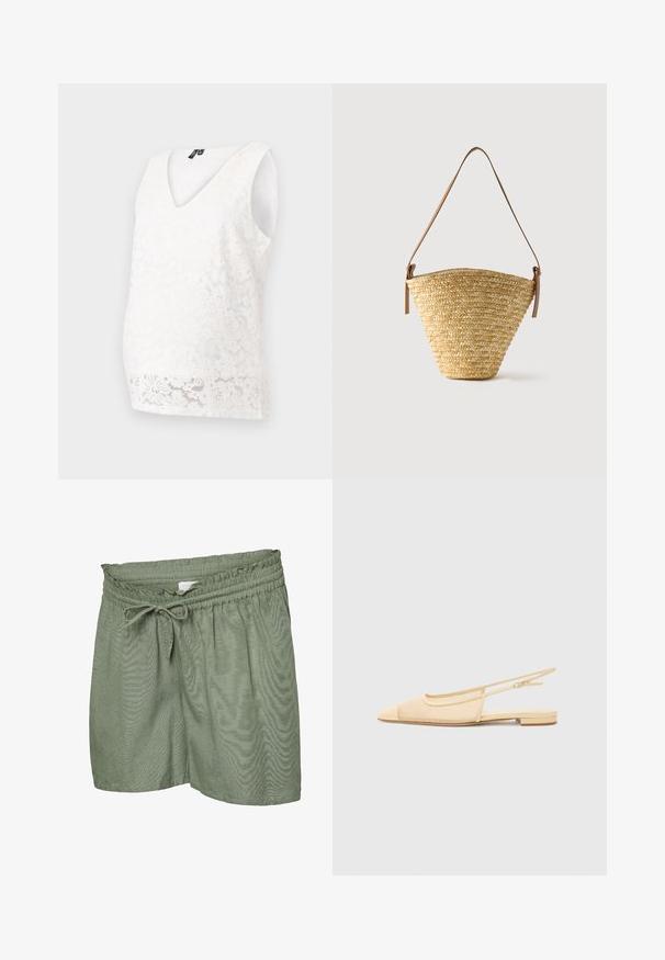 Top de maternidad blanco de encaje con escote en V, sin mangas, patrones florales y una forma ajustada que realza la silueta.; Pantalones cortos casuales de color verde claro con cinturilla elástica y cordón, hechos de tela ligera y texturizada.; Zapato plano tipo slingback en beige claro con parte superior de malla, punta afilada y tacón bajo. Cuenta con una correa ajustable para un mejor ajuste.; Bolso tipo cubo de paja tejido con base ancha, parte superior estrecha y correa de hombro ajustable de cuero marrón.