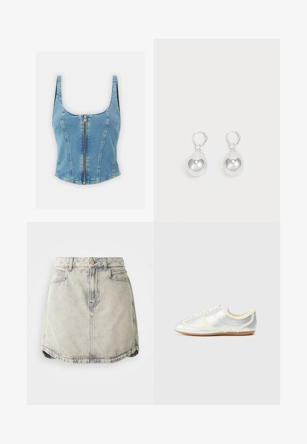 Lichtblauw denim crop top met een ronde halslijn, brede bandjes en een ritssluiting aan de voorkant. Heeft een aansluitende snit en naaddetails.; Denim rok in lichtgrijs met een vervaagde textuur, voorzien van een knoopsluiting in de taille, voorzakken en een licht gebogen zoom.; Zilverkleurige synthetische sneakers met crème accenten, laag profiel, afgeronde neus en platte rubberen zool; voorzien van klassieke stiksels en vetersluiting.; Zilveren druppeloorbellen met gladde, ronde, reflecterende oppervlakken die hangen aan klapring-sluitingen. Achtergrond is puur wit.