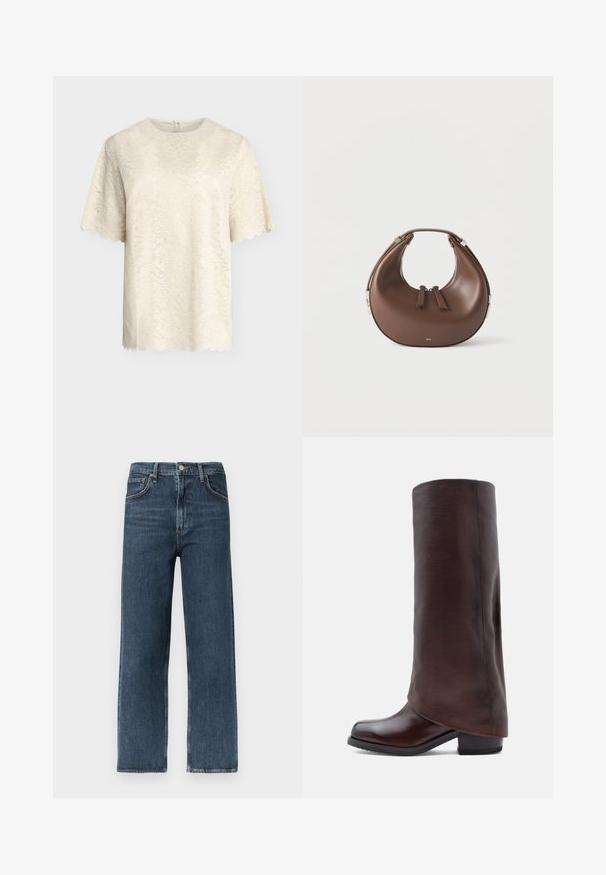 Crèmekleurige kanten blouse met korte mouwen, bloemenpatroon, geschulpte randen en ronde halslijn, getoond tegen een effen achtergrond.; Donkerblauwe jeans met rechte pijpen, gemaakt van denim, voorzien van een ontwerp met vijf zakken, riemlussen en een knoopsluiting aan de tailleband.; Donkere bruin leren kniehoge laars met lage blokhak en ronde neus, weergegeven in zijaanzicht tegen een witte achtergrond.; Bruine, halvemaanvormige leren handtas met een bovenhandvat en dubbele ritssluitingen op een witte achtergrond.