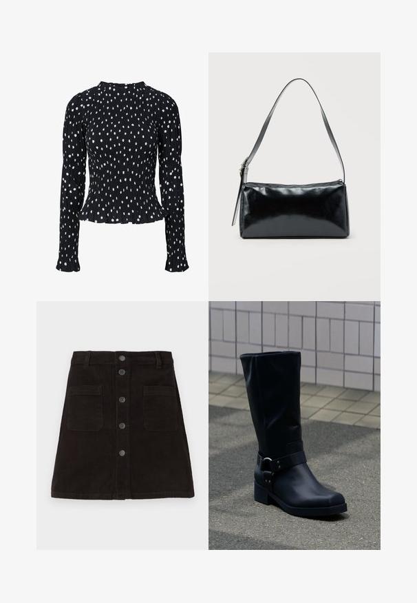Schwarze langärmelige, geraffte Bluse mit weißen, unregelmäßigen Polka-Dots und einem gerafften Saum und Bündchen.; Brauner Cord-Rippen-A-Linie-Rock mit durchgehender Knopfleiste, zwei Vorderaschen und strukturierten vertikalen Streifen. Mit standardmäßigem Bund und Gürtelschlaufen.; Schwarzer Lederstiefel bis zur Mitte der Wade mit niedrigem Blockabsatz und dekorativem Riemen mit Metallschnalle um den Knöchel, auf einem gefliesten Gehweg.; Schwarze rechteckige Schultertasche mit einem verstellbaren Riemen und einem oberen Reißverschluss vor einfachem Hintergrund.