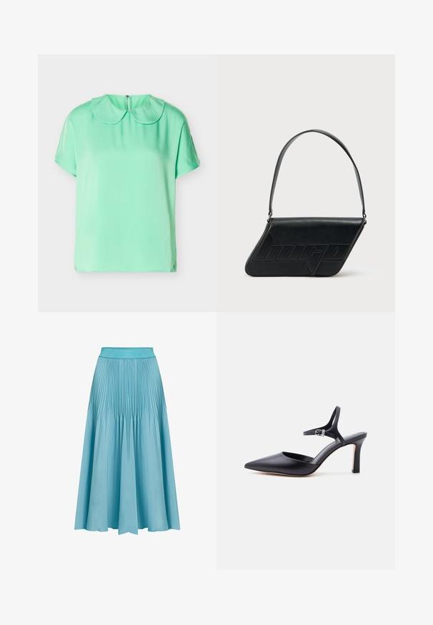Blusa de manga corta verde menta con cuello redondeado estilo Peter Pan y cierre con botones en la parte posterior, presentada sobre un fondo blanco.; Falda midi plisada en azul claro. Cuenta con una cinturilla ancha, forma fluida y pliegues verticales que aportan textura y movimiento.; Zapato de tacón alto negro con punta en punta, tira delgada en el tobillo y hebilla plateada, acabado en cuero liso, elegante zapato para mujer.; Bolso de hombro de cuero negro con forma triangular, logo en relieve y una sola correa ajustable. Diseño minimalista con textura suave.